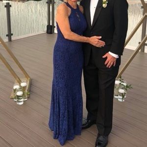 Blue lace gown with small train, size 4